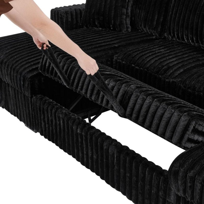 122'' U shape corduroy Sleeper Sofa with Pull Out bed Sectional couch black - BBTJOINT