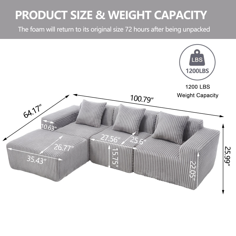 Corduroy Modular sectional boneless Couch Light Grey - BBTJOINT