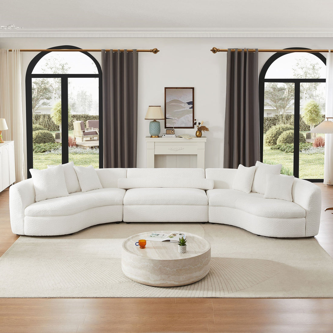White Boucle V-Shape Curved Sofa – 2-Piece Modular Design for a Stylish Living Room