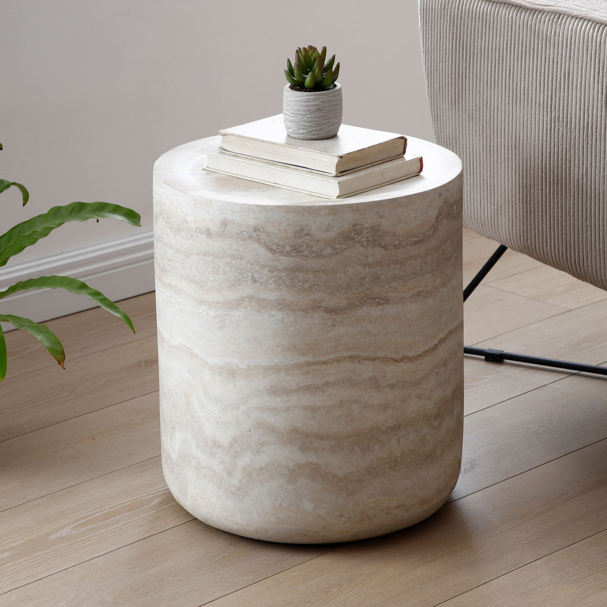 BBTJOINT Travertine Cylindrical Marble Side Table, Beige with Natural Stone Veining