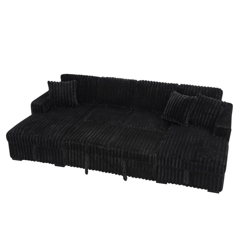 122'' U shape corduroy Sleeper Sofa with Pull Out bed Sectional couch black - BBTJOINT