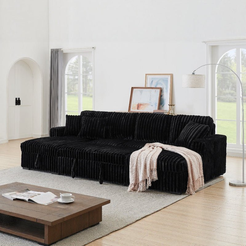 122'' U shape corduroy Sleeper Sofa with Pull Out bed Sectional couch black - BBTJOINT