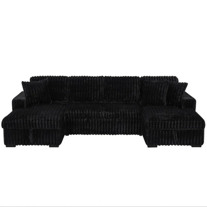 122'' U shape corduroy Sleeper Sofa with Pull Out bed Sectional couch black - BBTJOINT