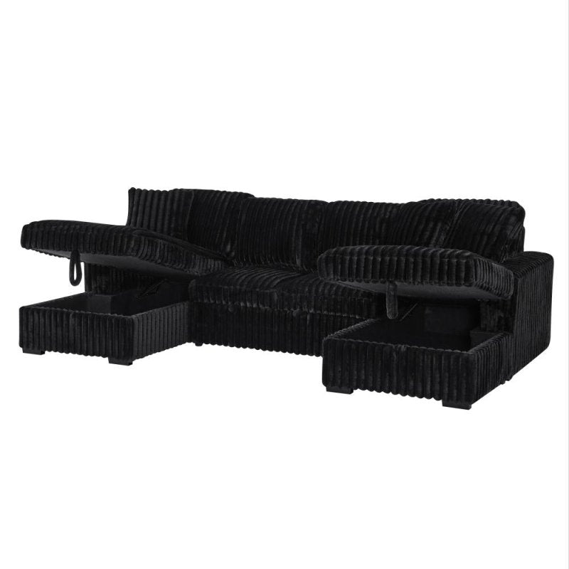 122'' U shape corduroy Sleeper Sofa with Pull Out bed Sectional couch black - BBTJOINT