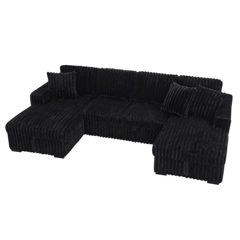 122'' U shape corduroy Sleeper Sofa with Pull Out bed Sectional couch black - BBTJOINT