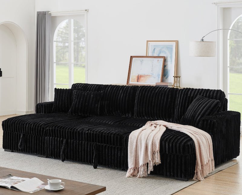 122'' U shape corduroy Sleeper Sofa with Pull Out bed Sectional couch black - BBTJOINT
