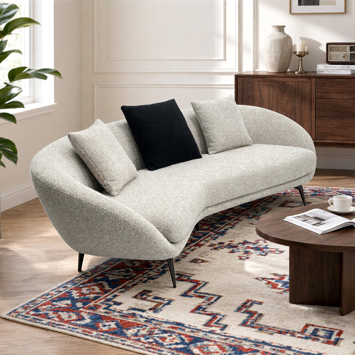 Modern Curved Sectional Sofa,V-shaped Design,Beige Boucle Upholstery Couch For Living Room