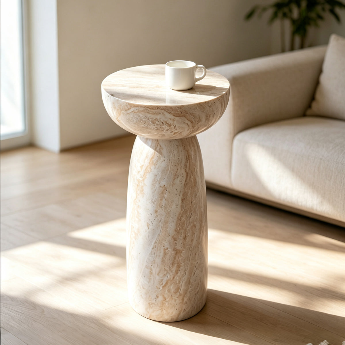 BBTJOINT Travertine Stone Pedestal Side Table, Round Top End Table, 28'' High Tables