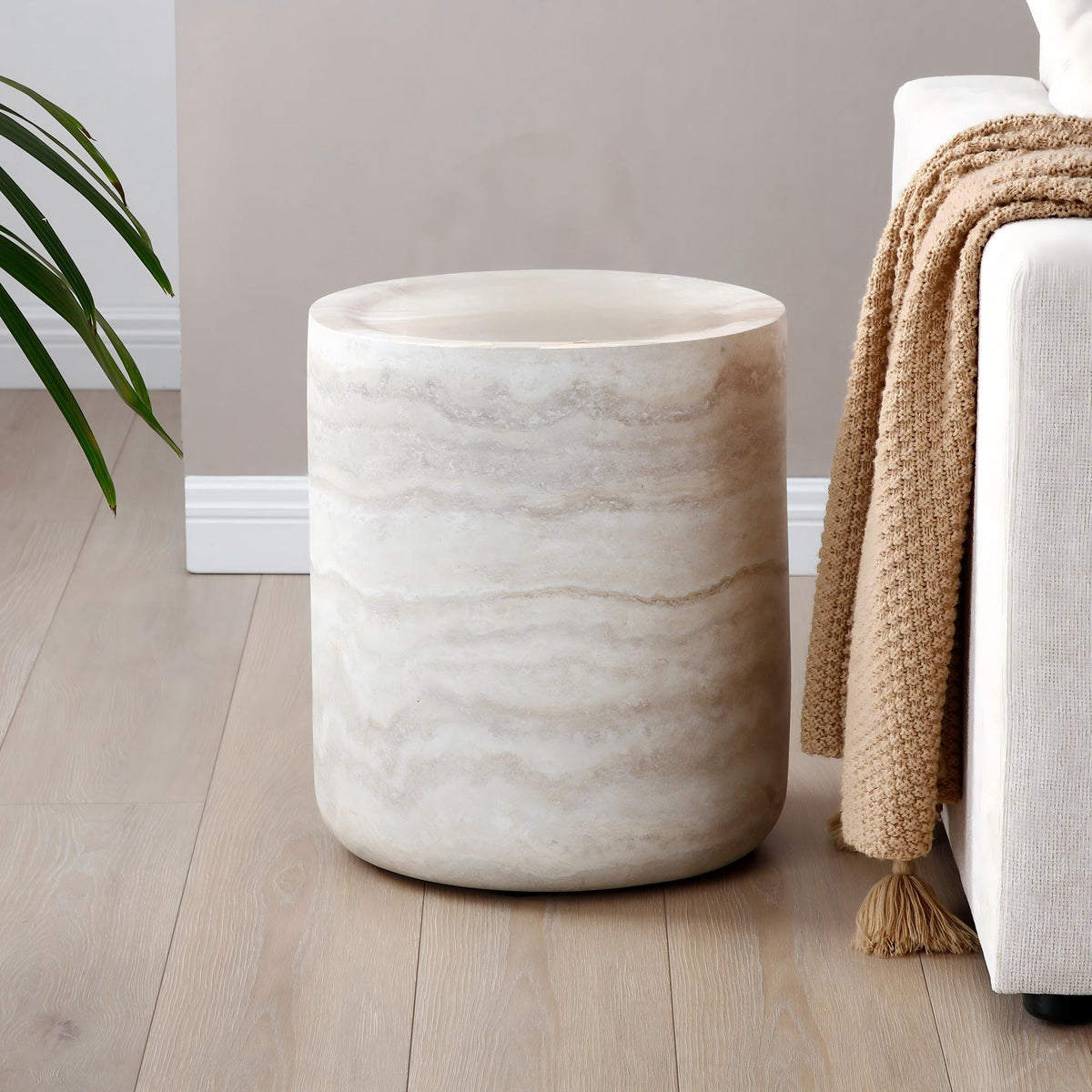 BBTJOINT Travertine Cylindrical Marble Side Table, Beige with Natural Stone Veining