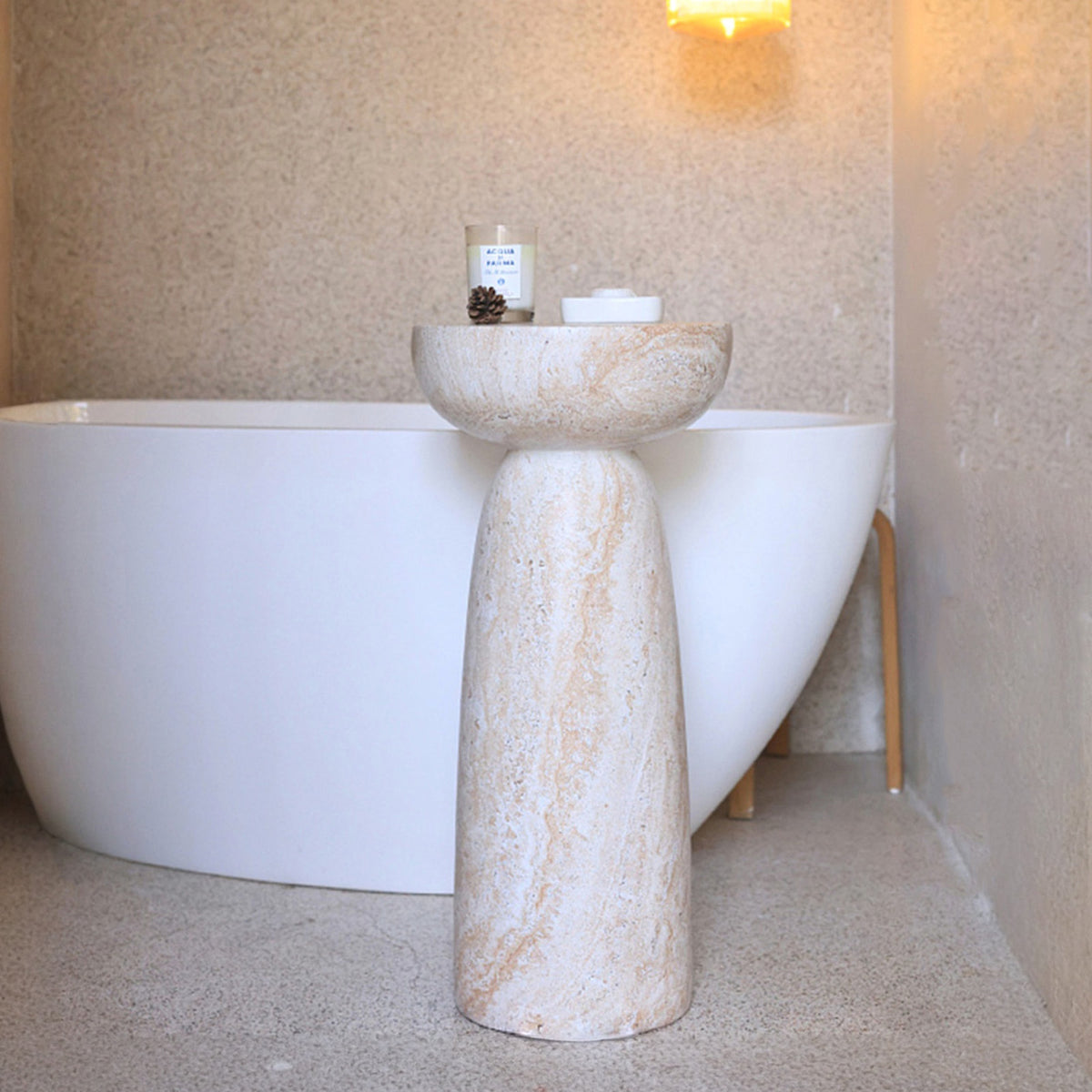 BBTJOINT Travertine Stone Pedestal Side Table, Round Top End Table, 28'' High Tables