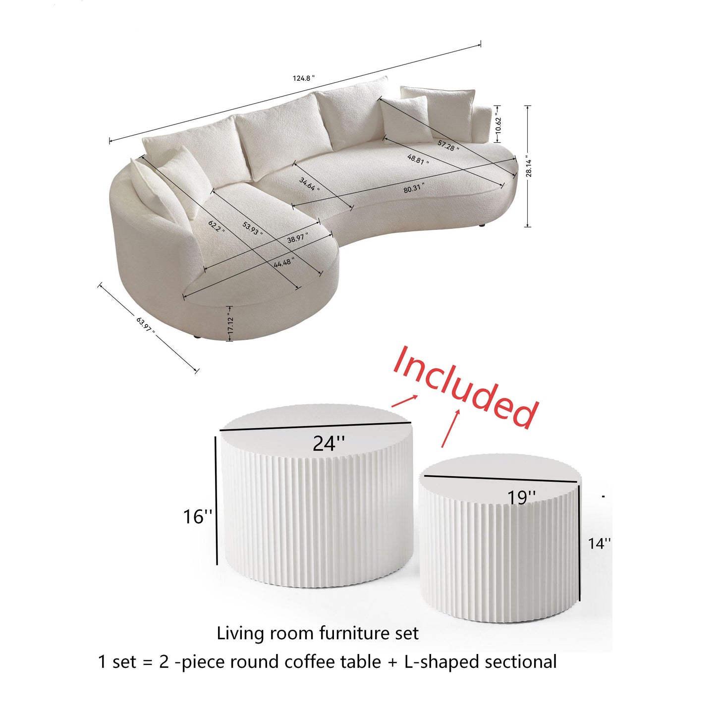 Minimalist Living room sofa set of 2 including round coffee table