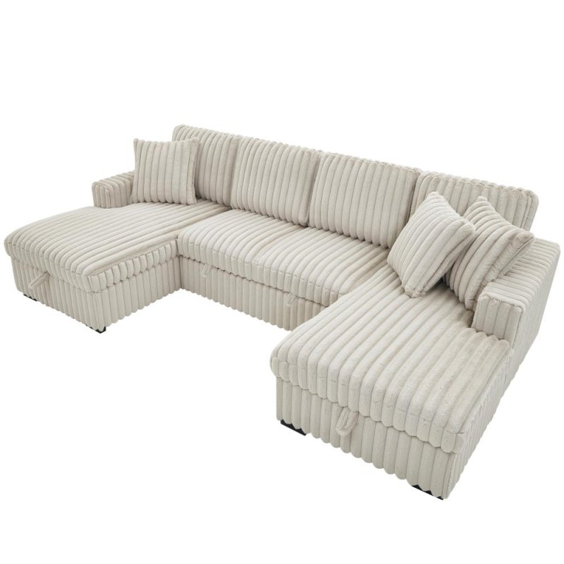 Convertible U shape sleeper sectional couch with pull out bed khaki - BBTJOINT