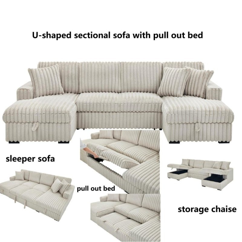 Convertible U shape sleeper sectional couch with pull out bed khaki - BBTJOINT