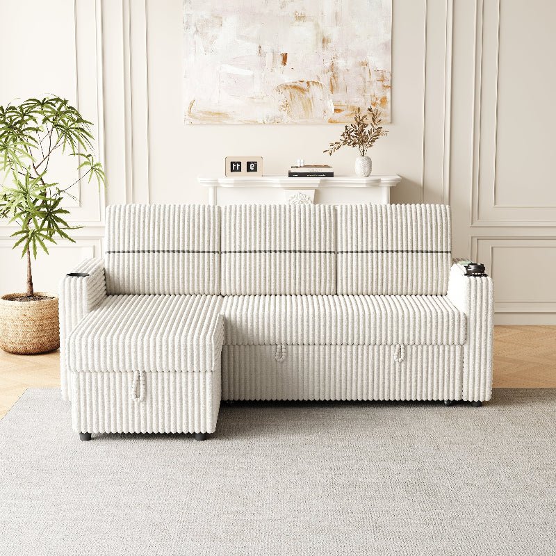 corduroy sectional Sofa with pull out bed couch storage beige - BBTJOINT