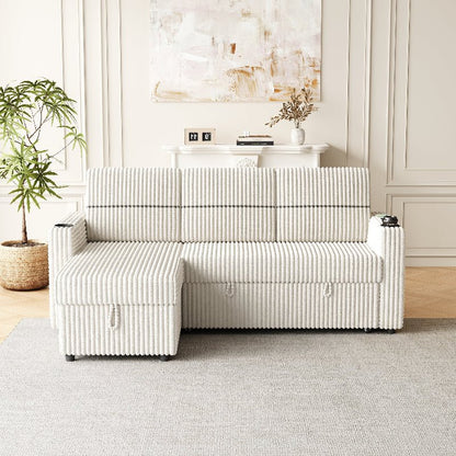 corduroy sectional Sofa with pull out bed couch storage beige - BBTJOINT