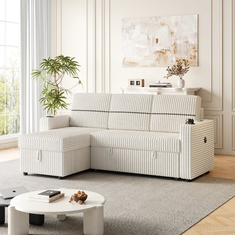 corduroy sectional Sofa with pull out bed couch storage beige - BBTJOINT