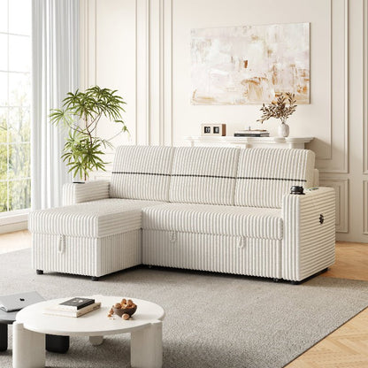 corduroy sectional Sofa with pull out bed couch storage beige - BBTJOINT