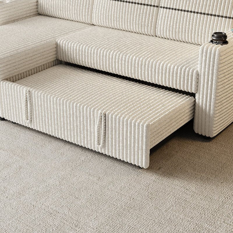 corduroy sectional Sofa with pull out bed couch storage beige - BBTJOINT