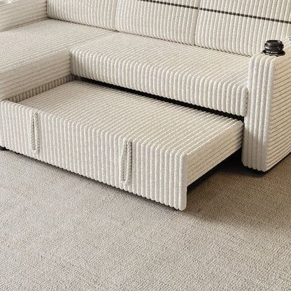 corduroy sectional Sofa with pull out bed couch storage beige - BBTJOINT
