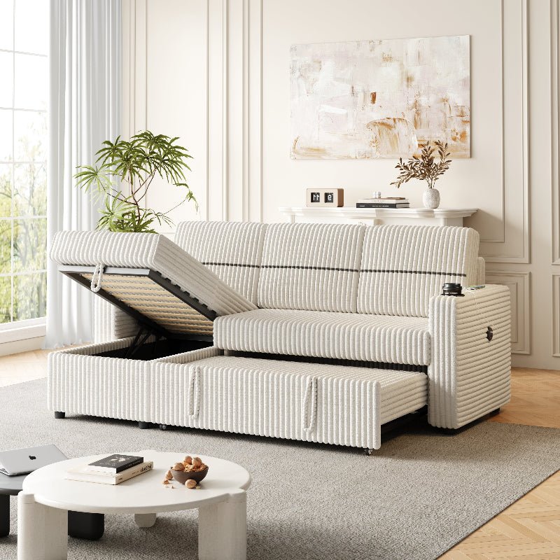 corduroy sectional Sofa with pull out bed couch storage beige - BBTJOINT