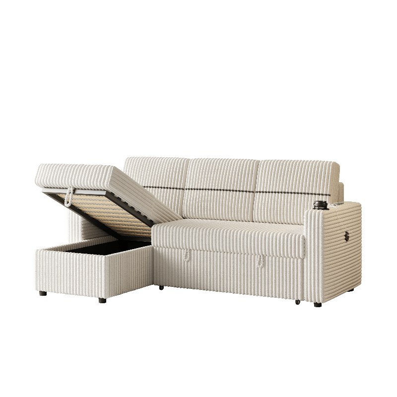 corduroy sectional Sofa with pull out bed couch storage beige - BBTJOINT