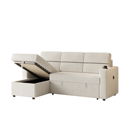 corduroy sectional Sofa with pull out bed couch storage beige - BBTJOINT