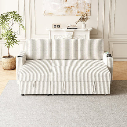 corduroy sectional Sofa with pull out bed couch storage beige - BBTJOINT