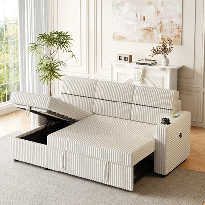 corduroy sectional Sofa with pull out bed couch storage beige - BBTJOINT
