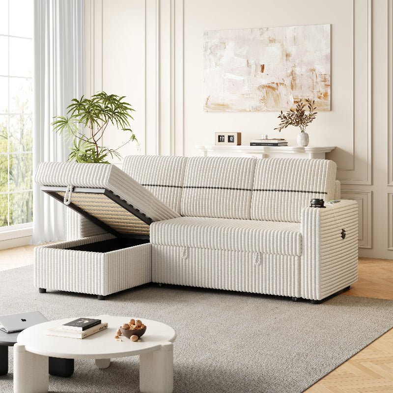 corduroy sectional Sofa with pull out bed couch storage beige - BBTJOINT