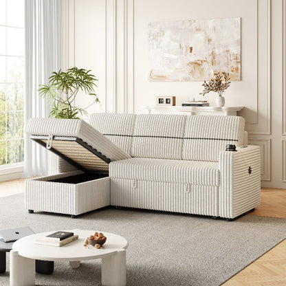 corduroy sectional Sofa with pull out bed couch storage beige - BBTJOINT