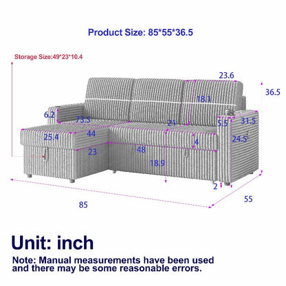 corduroy sectional Sofa with pull out bed couch storage beige - BBTJOINT
