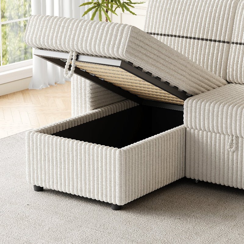 corduroy sectional Sofa with pull out bed couch storage beige - BBTJOINT