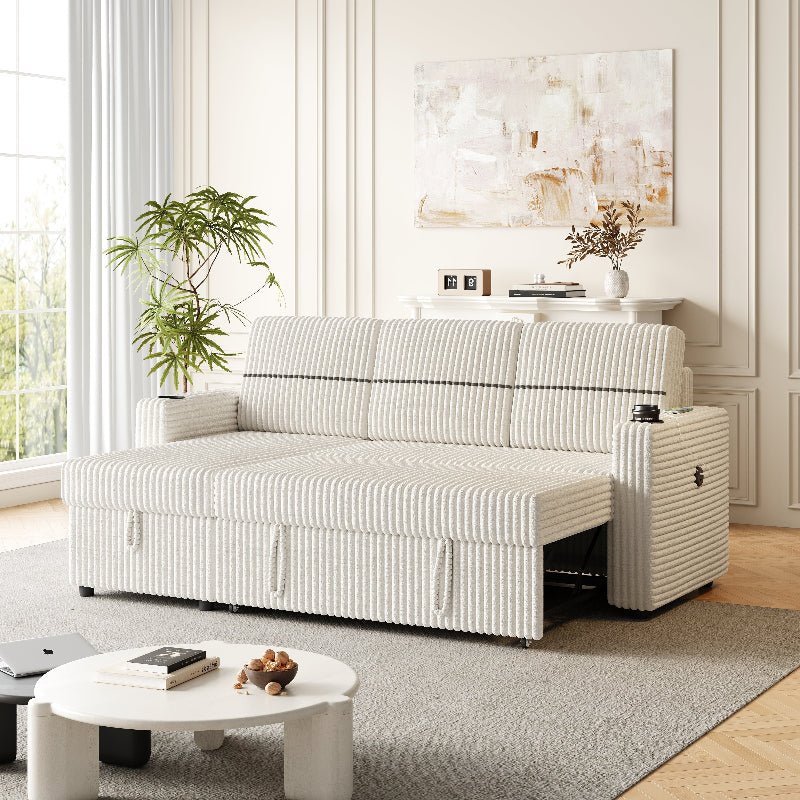 corduroy sectional Sofa with pull out bed couch storage beige - BBTJOINT