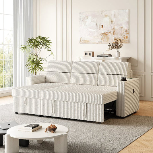 corduroy sectional Sofa with pull out bed couch storage beige - BBTJOINT