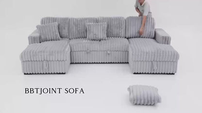 U Shaped convertible Sectional Sofa corduroy fabric couch with pull out bed