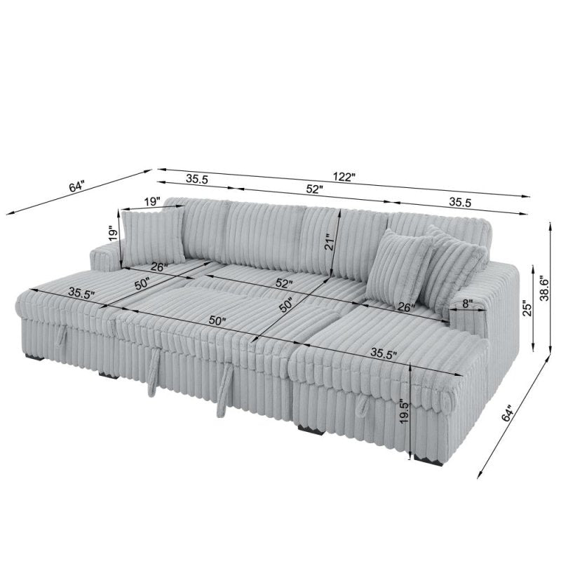 U Shaped convertible Sectional Sofa corduroy fabric couch with pull out bed - BBTJOINT