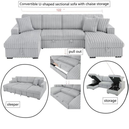 U Shaped convertible Sectional Sofa corduroy fabric couch with pull out bed - BBTJOINT