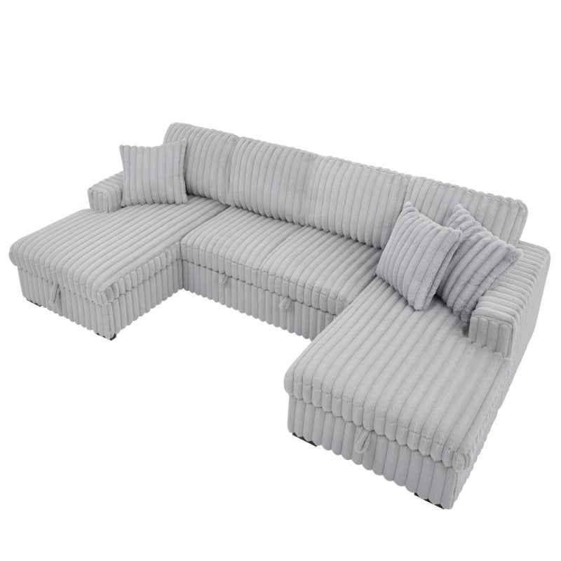 U Shaped convertible Sectional Sofa corduroy fabric couch with pull out bed - BBTJOINT