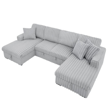 U Shaped convertible Sectional Sofa corduroy fabric couch with pull out bed - BBTJOINT